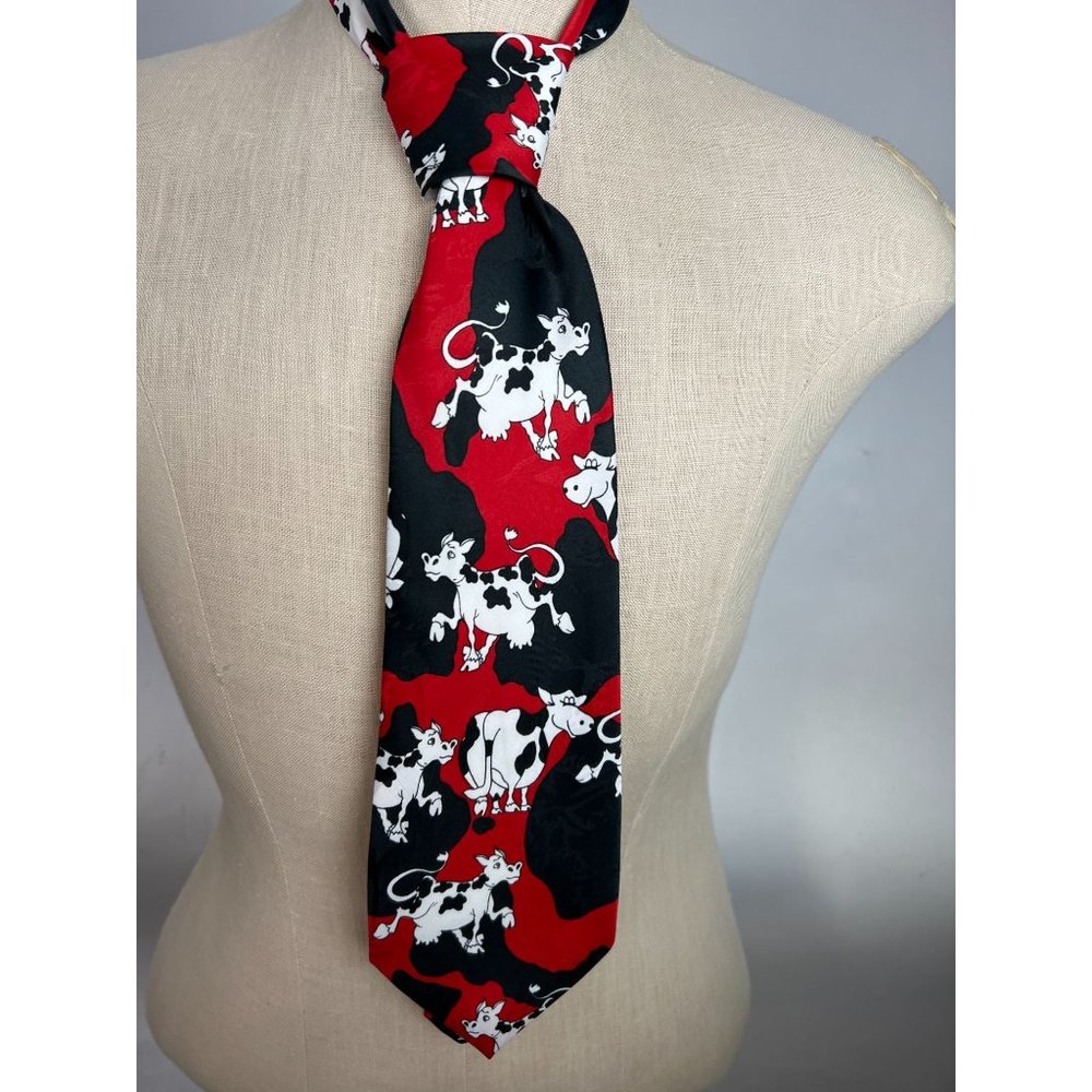 Renaissance Vintage  Moo Cow Print Tie  OS Red, Black  Cow Polyester